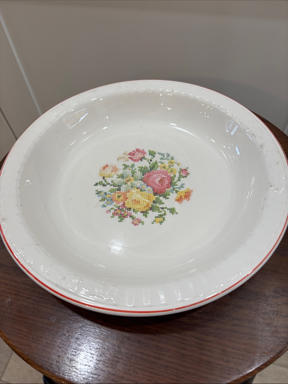Floral Cross-Stitch Pattern White Ceramic Serving Bowl with Red Rim